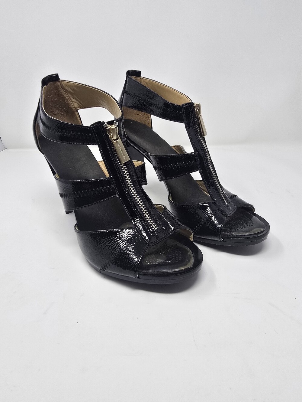 MICHAEL KORS Black Patent Leather Front-Zip Open-Toe Heels - Size 9
